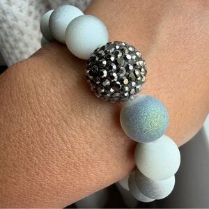 Handmade Matte Druzy Quartz White and Silver Beaded Bracelet with Sparkle Accent